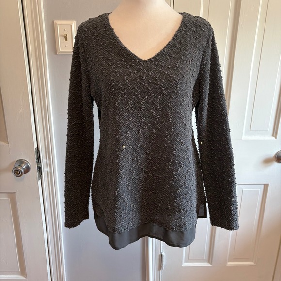 Apt. 9 Sweaters - Apt. 9 Womens PL Sweater Charcoal Gray Sequin V-Neck Textured Long Sleeve Tunic